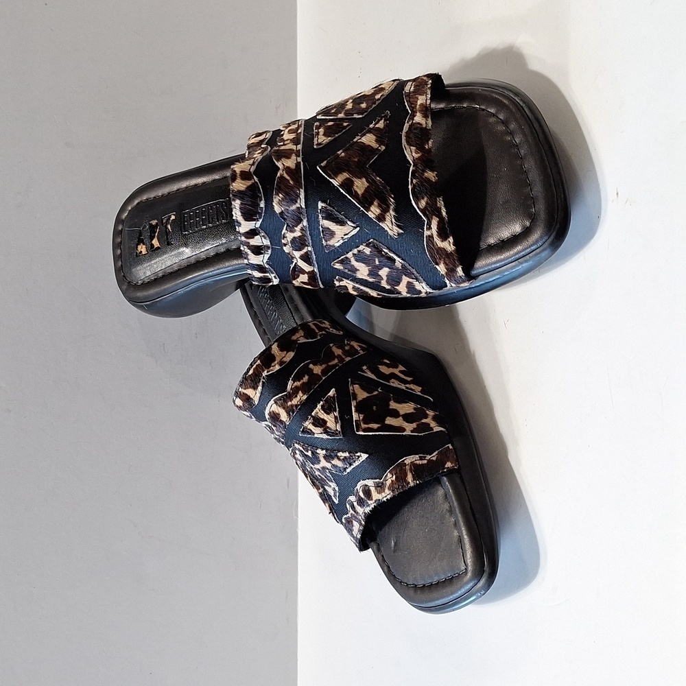 Art Effects Black Tan Unique Made In Brazil Animal Print Leather Slide Sandals 8
